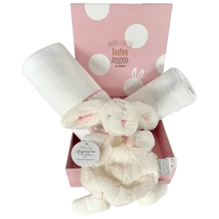 Coffret cadeau de naissance pour bébé avec peluche lapin et serviettes