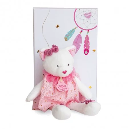 Doudou plat attrape rêve chat blanc et rose, cadeau de naissance pour fille